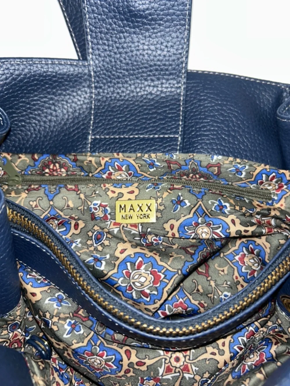 MAXX New York Navy Blue Pebbled Leather Hobo Buckle Strap Shoulder Handbag